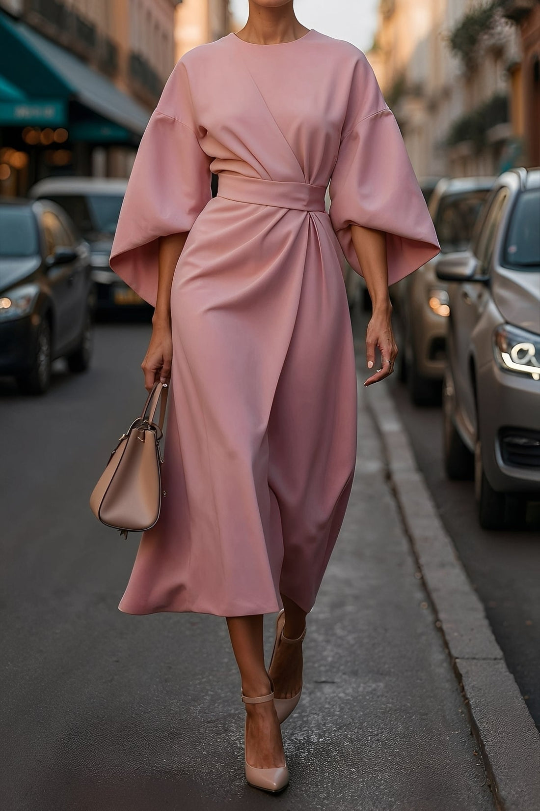 Nicole - Robe Midi Élégante avec Manches en Lanterne pour Femmes