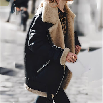 Cassandra - Épaisse Veste en Laine et Cuir Suédé pour Femmes