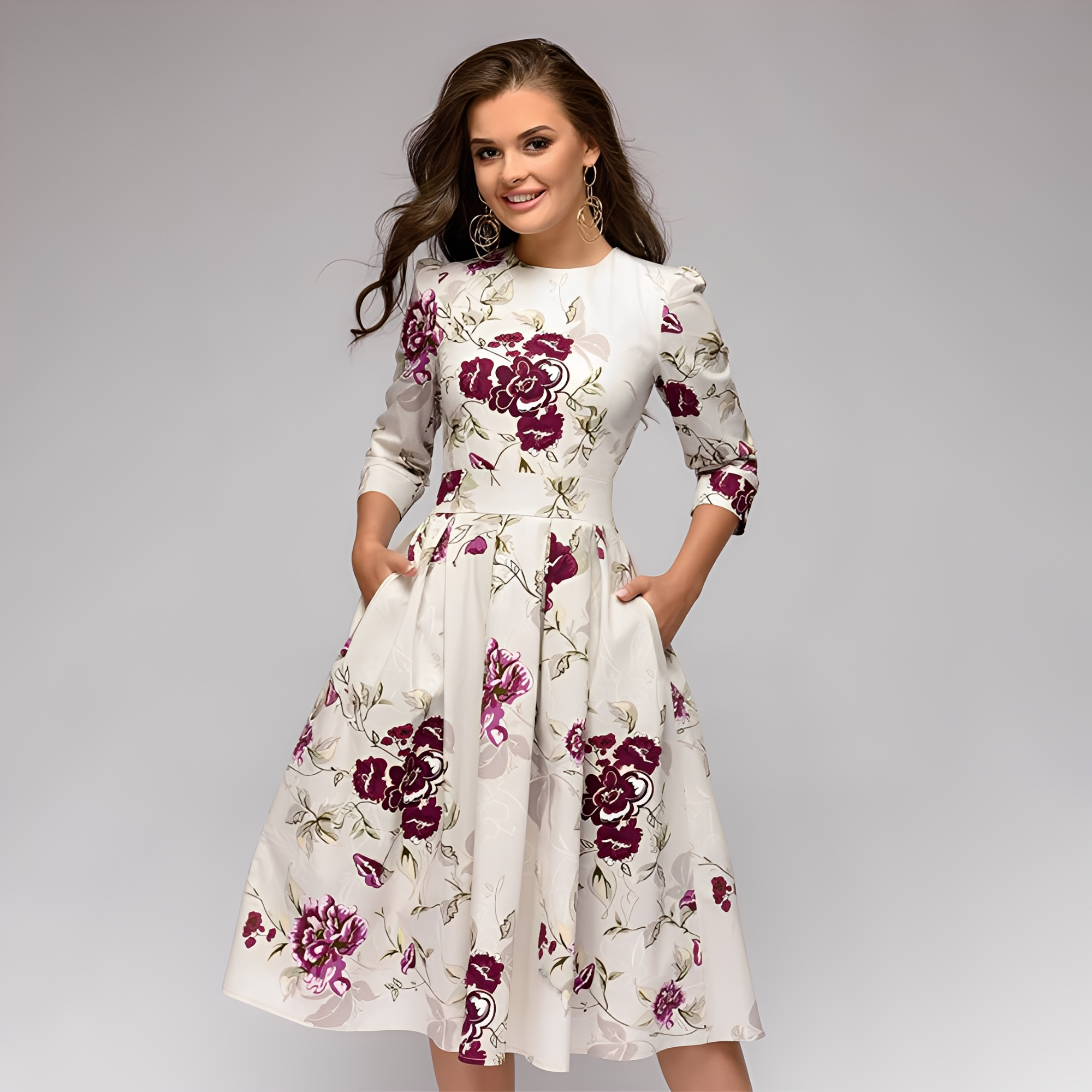 Elisabeth - Robe élégante à manches longues à motif floral pour femmes