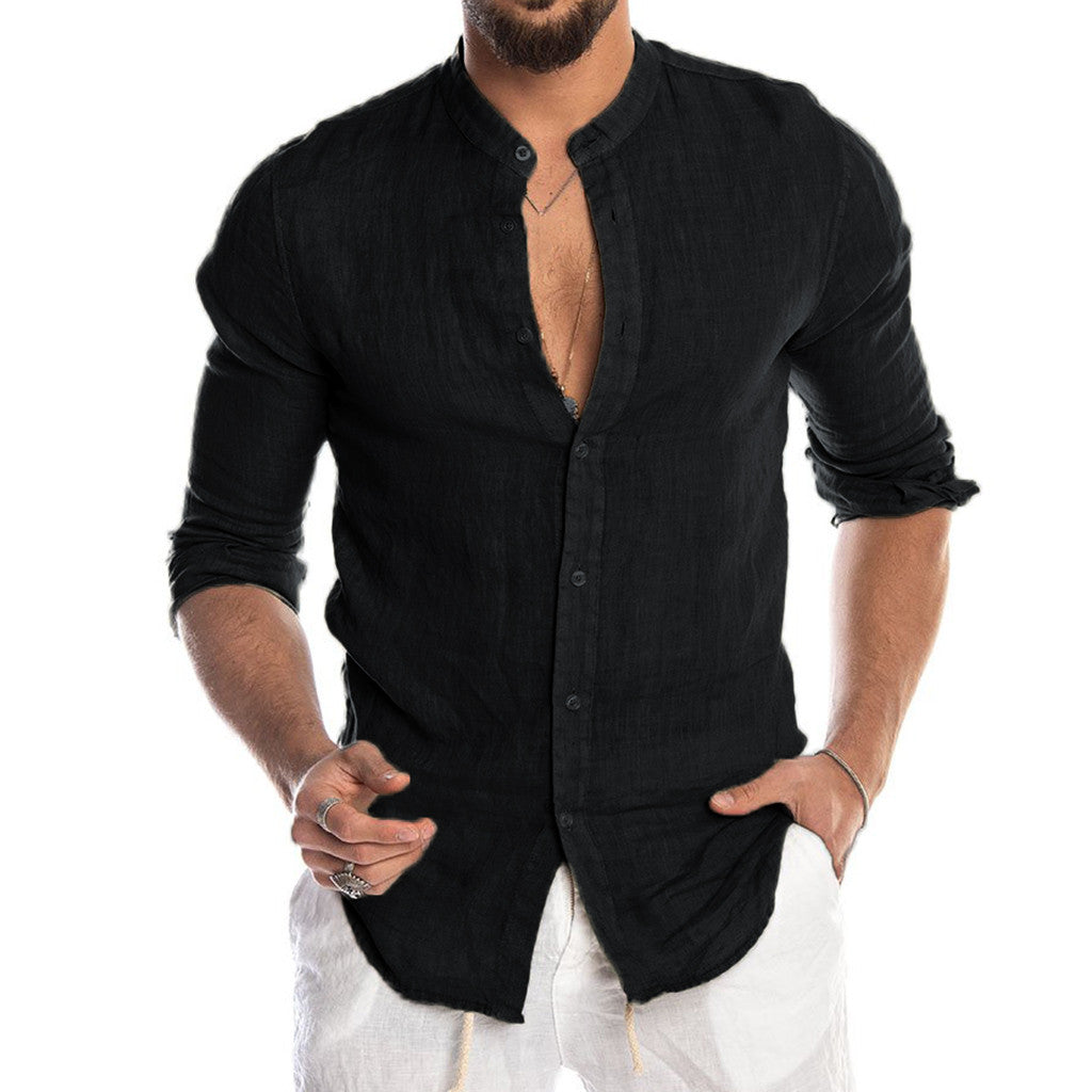 Heath - Chemise en lin à col montant pour homme, manches longues