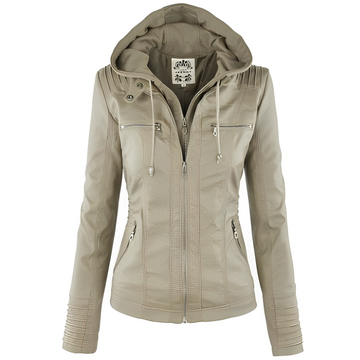 Janene - Veste en cuir imperméable et décontractée avec capuche pour femmes