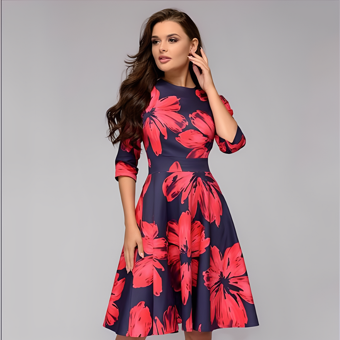 Elisabeth - Robe élégante à manches longues à motif floral pour femmes