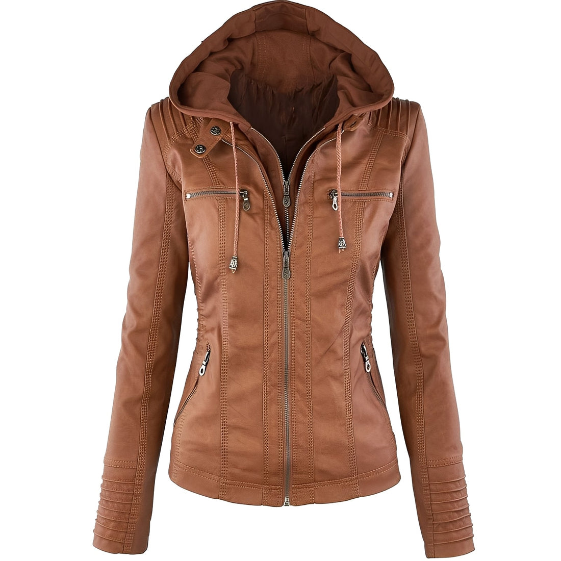 Janene - Veste en cuir imperméable et décontractée avec capuche pour femmes