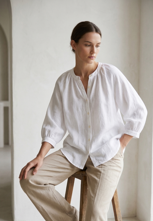 Blouse Boutonnée à Manches Longues - Blanc - Coton Mélangé - Femme