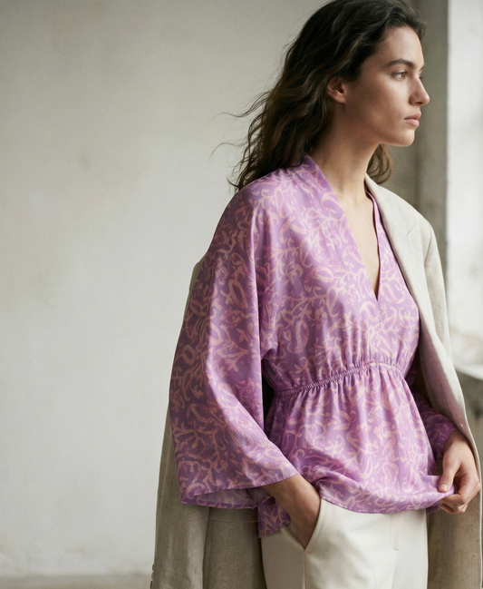 Blouse Imprimée à Col V - Rose - Mélange de Polyester - Femme