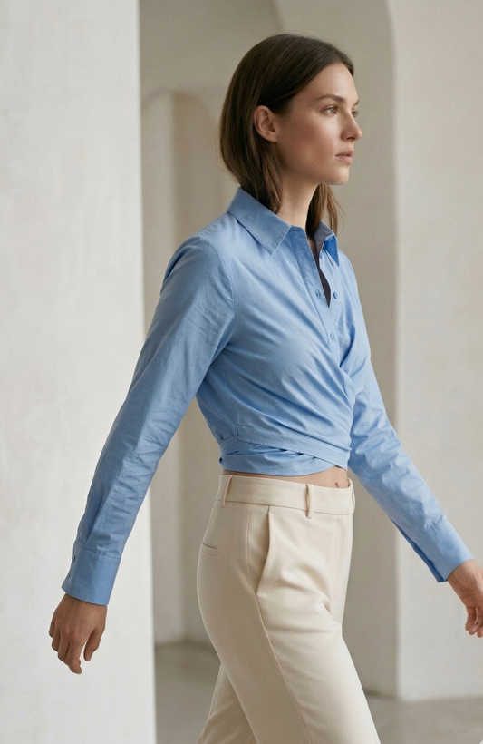 Chemisier Croisé à Manches Longues - Bleu - Coton Mélangé - Femme