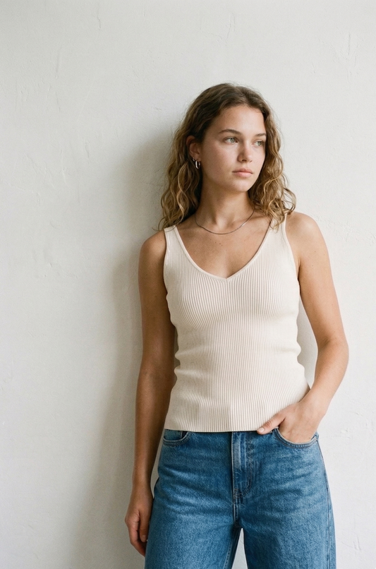 Débardeur Côtelé à Col V - Beige - Mélange de Polyester - Femme