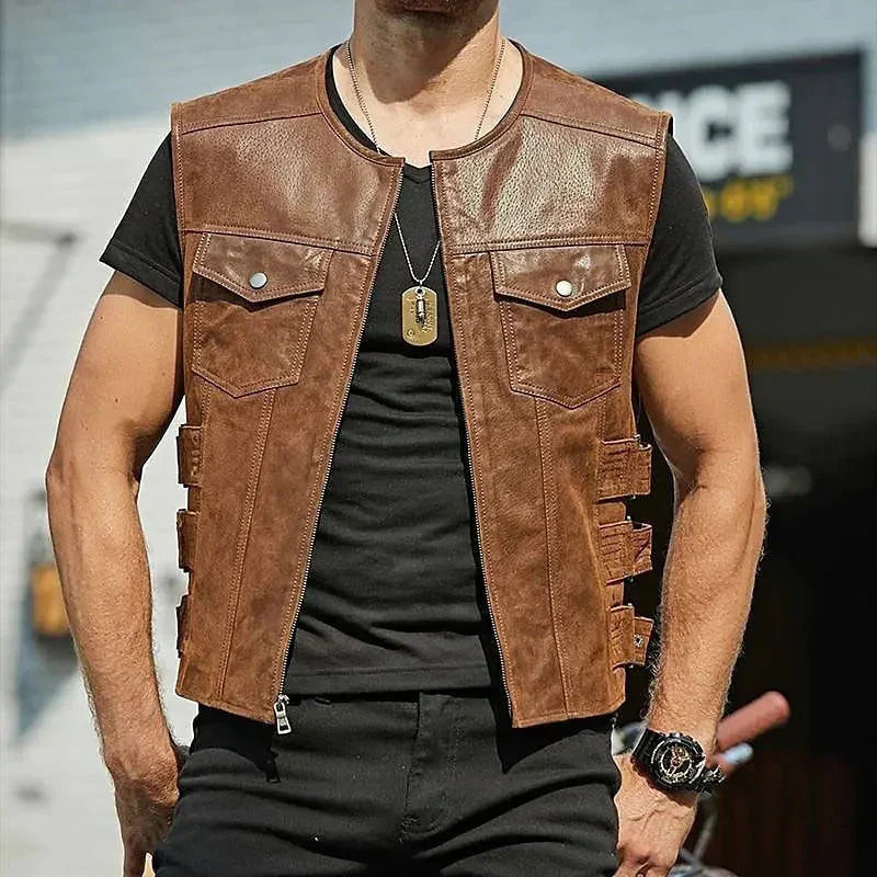Gilet en cuir pour homme - Gilet sans manches élégant