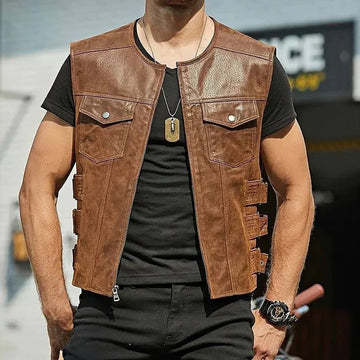 Gilet en cuir pour homme - Gilet sans manches élégant