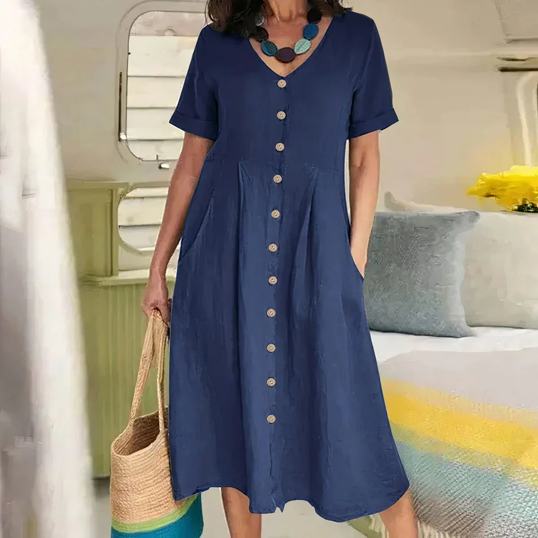 Quency - Robe d'Été Élégante en Lin pour Femmes Légère
