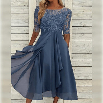 Yara - Élégante Robe Midi en Dentelle et Chiffon