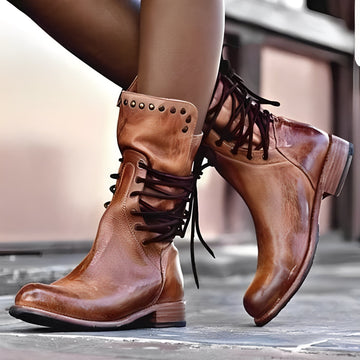 Lenora - Bottes en cuir rétro à talon bas pour femmes