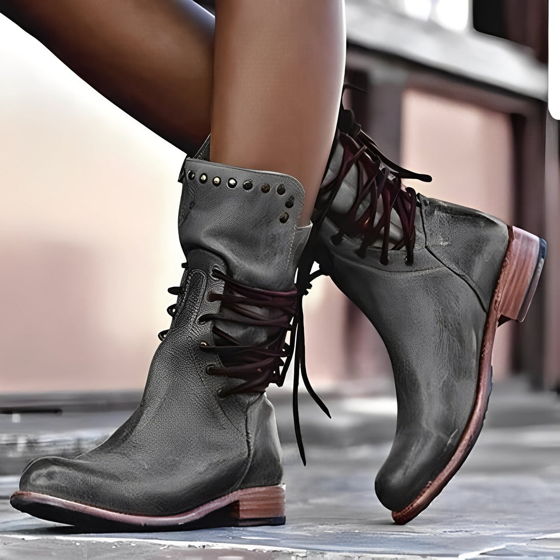 Lenora - Bottes en cuir rétro à talon bas pour femmes