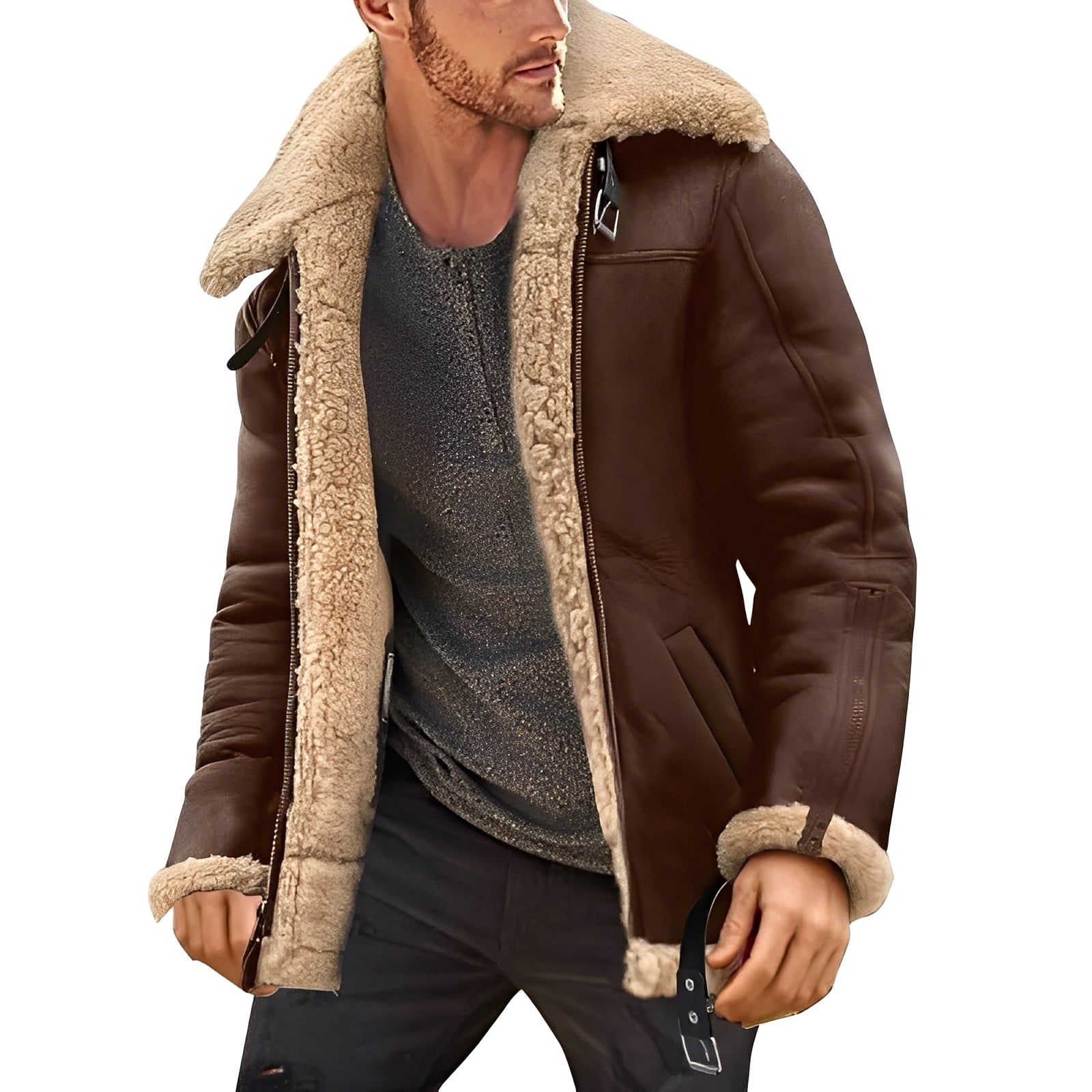 Jeffrey - Veste en cuir moderne avec doublure chaude en sherpa pour hommes