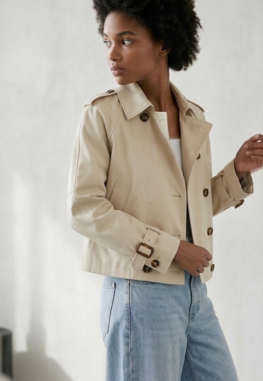 Veste Courte Boutonnée - Beige - Coton Mélangé - Femme