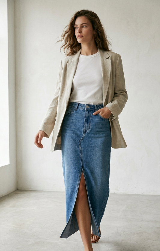 Jupe Longue en Denim - Bleu - Coton Mélangé - Femme