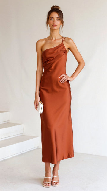 Louise - Verführerisch - One Shoulder Midi - Kleid - Kleider - Orange - Müller Mode